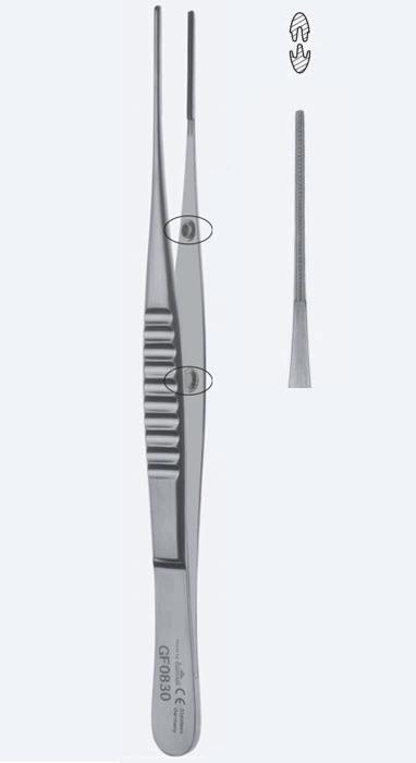 Пінцети для тканин De Bakey Anti-Cross, Safety Pin, Press Stopper, зубці De Bakey, прямі, кінчик 1 мм, довж 155 мм. Бренд - Asanus Medizintechnik Gmb, Німеччина